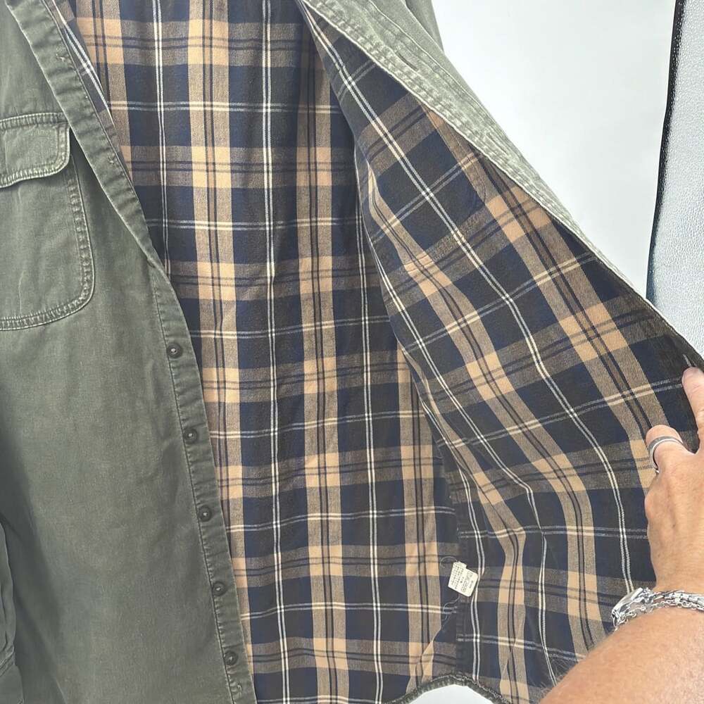 LL Bean Flannel Lined Canvas Shirt Jacket Mens Large L Olive Green Shacket Vtg - Picture 5 of 13
